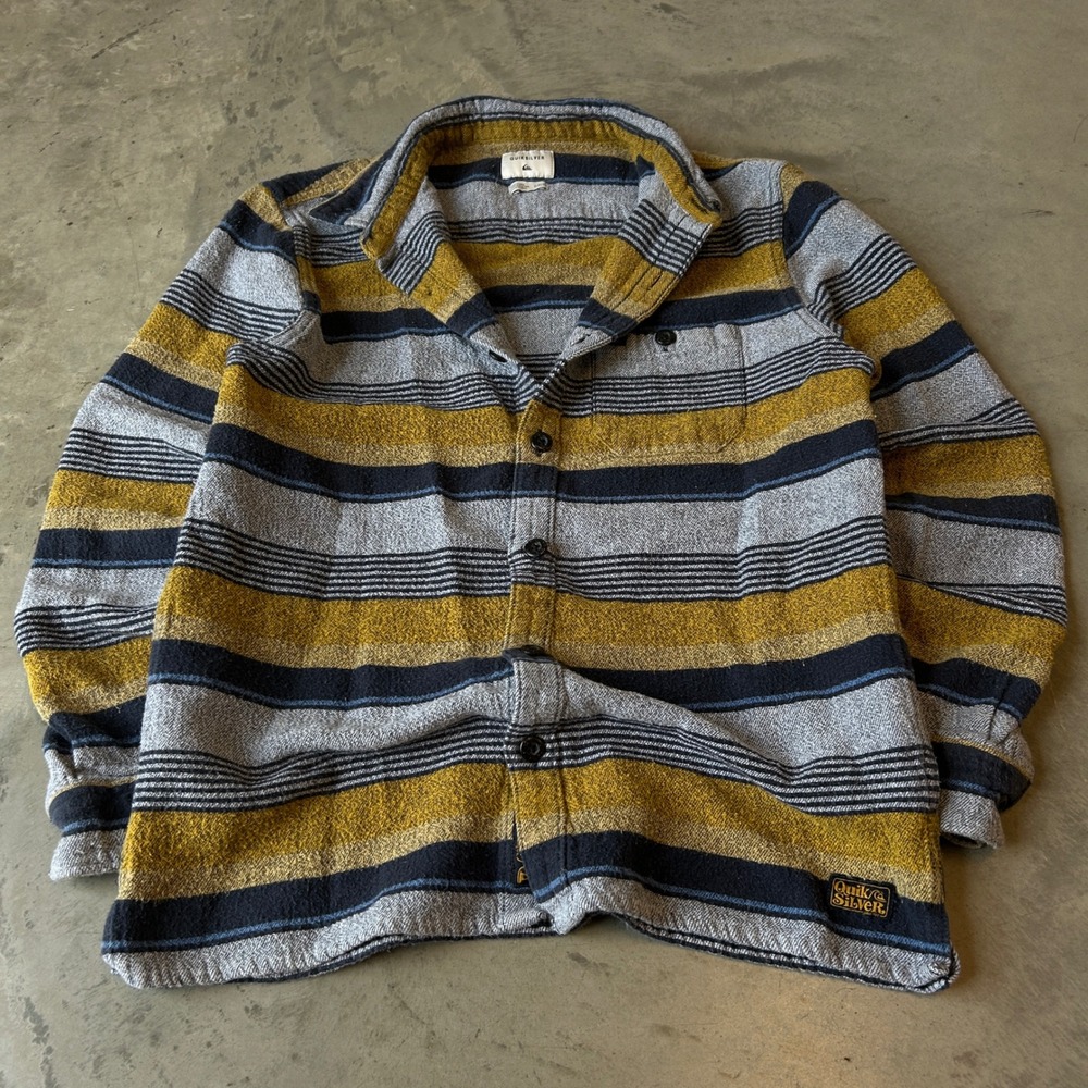 Quiksilver Mens Small Striped Flannel Button Down Shirt Yellow Grey Navy Blue